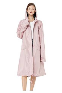 Frauen langer Regenmantel wasserdichte Regenjacke mit Kapuze Reißverschluss und Taschen im Freien (grau rosa, M) von Freesmily
