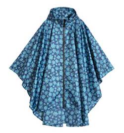 Freesmily Damen Regen Poncho stilvolle wasserdichte Regenmantel mit Kapuze Reißverschluss (Blau mit Blumen) von Freesmily