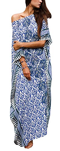 FreestyleMo Damen Elegante Strandponcho Lose Kaftan Kleid Sommer Lange Strandkleid Maxikleid (Einheitsgröße, Blau) von FreestyleMo