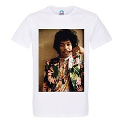 T-Shirt, Herren, Rundhalsausschnitt, Bio-Baumwolle, Jimi Hendrix, Gitarrist, Blumenmuster, Portrait Rock, weiß, L von French Unicorn