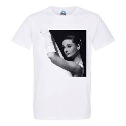 T-Shirt für Herren, Rundhalsausschnitt, Bio-Baumwolle, Audrey Hepburn, Schauspielerin, Portrait, Handschuhe, Stern, Foto, Vintage, weiß, L von French Unicorn