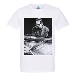 T-Shirt für Herren, Rundhalsausschnitt, Bio-Baumwolle, Bill Evans Piano Jazz Künstler, Schwarz und Weiß, Zigarette, Blanc, L von French Unicorn