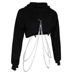 freneci Damen Hoodie Crop Top Langarmshirt Pullover Sweatshirt mit Kette bauchfreies Oberteil - Schwarz, M von Freneci