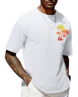 Freshhoodies Herren T-Shirt Kurzarm Weiß Rundhals Tee Shirt Hawaii Sommer Grafik T Shirts Streetwear Heavy Oversized Male Tops, XL von Freshhoodies