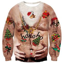 Freshhoodies Unsiex Weihnachten Brustbehaarung Pullover Lustige 3D Gedruckt Langarm Weihnachten Bierbauch Jumper Weihnachtspulli Ugly Christmas Pullover Tops XL von Freshhoodies