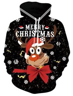 Unisex Ugly Christmas Hoodie Couple Coole 3D Printed Glücklicher Elch Kapuzenpullover Herren Damen Xmas Festliche Funky Personalised Hoody Sweatshirts Mit Tasche XXL von Freshhoodies
