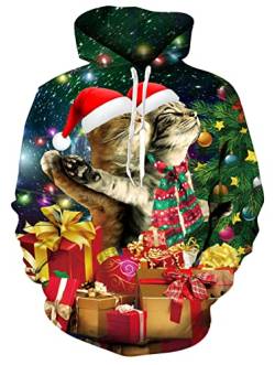 Unisex Ugly Christmas Hoodie Couple Coole 3D Printed Romantische Katze Kapuzenpullover Herren Damen Xmas Festliche Funky Personalised Hoody Sweatshirts Mit Tasche XXL von Freshhoodies