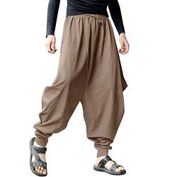 Frestepvie Herren Haremshose Freizeithose Casual Männer Hippie Kleidung Pumphose Fischerhose Fitness Yoga Goa Tanz Strand Hosen Pilates Hosen Sarouel Baggy Aladinhose (Khaki, EU XL=Etikett2XL) von Frestepvie