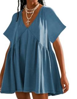 Freyhem Sommerkleid für Damen, lässig, kurzärmelig, lockerer V-Ausschnitt, Swing-Sommerkleid mit Tasche, Marineblau, Klein von Freyhem
