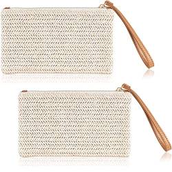 2 Stück Stroh Clutch Geldbörse Stroh Handtasche für Frauen Sommer Strand Stroh Tasche Bohemian Wristlet Bag, beige-weiß von Frienda