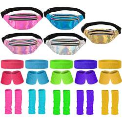 5 Sets 80er Jahre Kostüme für Frauen, einschließlich Neon-Beinstulpen, Neon-Bauchtasche, 1980er-Jahre, Strick, Laufen, Stirnband, Armbänder, Junggesellinnenabschied, Zubehör für Frauen und Mädchen von Frienda