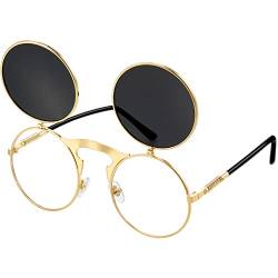 Frienda Aufklappbare Steampunk Sonnenbrille (Gold Rahmen, Graue Linse) von Frienda