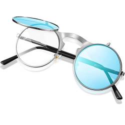 Frienda Aufklappbare Steampunk Sonnenbrille (Silber Rahmen, Blaue Linse) von Frienda
