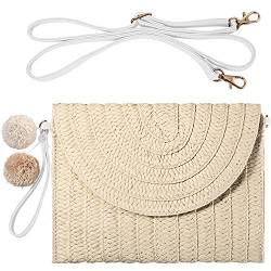 Frienda Stroh Schultertasche Stroh Clutch Stroh Crossbody Tasche Casual Strand Stroh Handgefertigte Tasche für Frauen Umschlag Geldbörse Geldbörse, Cremefarben/Weiß, Medium von Frienda