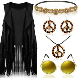 Hippie-Kostüm der 60er-/70er-Jahre, für Frauen, Ohrringe und Halskette mit Friedenszeichen, Stirnband, Fransenweste, 6-teiliges-Set (Schwarz, L) von Frienda