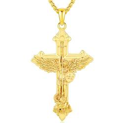 Erzengel Michael Halskette 925 Sterling Silber Kreuz Anhänger vergoldet Herren Halskette Michaels Religiöser Amulett Schmuck Herren Damen Geschenke Ketten aus rostfreiem Stahl von Friggem