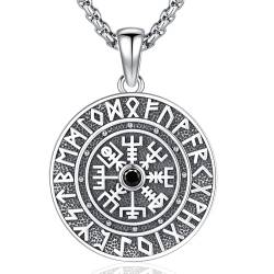 Wikinger Kette Herren Kompass Anhänger 925 Sterling Silber Vegvisir Anhänger Halskette Wikinger Schmuck für Herren Damen (Vegvisir & Rune) von Friggem