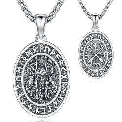 Wikinger Runen Halskette 925 Sterling Silbe Odin Vegvisir Anhänger Halskette Wikinger Schmuck für Herren Damen (Odin & Rune) von Friggem