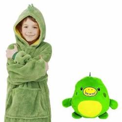 Hoodie Decke mit Ärmeln Kinder - Kuschelpullover Kinder zum Anziehen mit Kapuze, Ärmeln und 2 Taschen | PILLOWPET (Grüner Dino) von Frilla