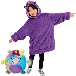 Hoodie Decke mit Ärmeln Kinder - Kuschelpullover Kinder zum Anziehen mit Kapuze, Ärmeln und 2 Taschen | PILLOWPET (Regenbogen Einhorn) von Frilla