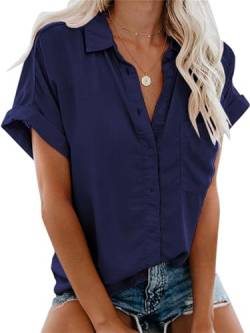 Friptspyg Bluse Damen Lässiges Kurzarm Hemdbluse Sommer V-Ausschnitt 100% Baumwolle Solide Blusenshirt Elegant Oberteile mit Tasche, Marineblau XXL von Friptspyg