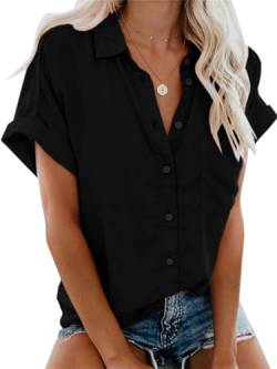 Friptspyg Bluse Damen Lässiges Kurzarm Hemdbluse Sommer V-Ausschnitt 100% Baumwolle Solide Blusenshirt Elegant Oberteile mit Tasche, Schwarz M von Friptspyg