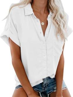 Friptspyg Bluse Damen Lässiges Kurzarm Hemdbluse Sommer V-Ausschnitt 100% Baumwolle Solide Blusenshirt Elegant Oberteile mit Tasche, Weiß L von Friptspyg