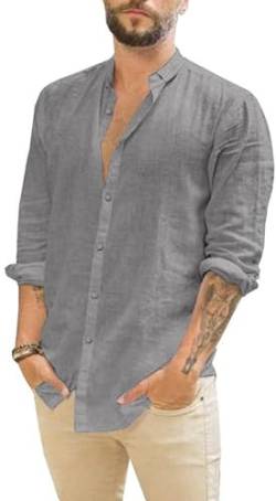 Friptspyg Herren Hemd Langarm Leinenhemd Button Down Freizeithemden für Herren Casual Regular Fit Shirt Sommer Strandhemd, Dunkelgrau 2XL von Friptspyg