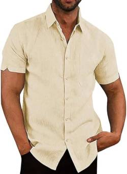 Friptspyg Herren Leinenhemd Kruzarm Hemd Button Down Regular Fit Freizeithemden für Herren Strandhemd Casual Sommerhemd mit Tasche, Beige 2XL von Friptspyg