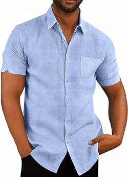 Friptspyg Herren Leinenhemd Kruzarm Hemd Button Down Regular Fit Freizeithemden für Herren Strandhemd Casual Sommerhemd mit Tasche, Himmelblau XL von Friptspyg