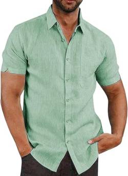 Friptspyg Herren Leinenhemd Kruzarm Hemd Button Down Regular Fit Freizeithemden für Herren Strandhemd Casual Sommerhemd mit Tasche, Mintgrün XL von Friptspyg