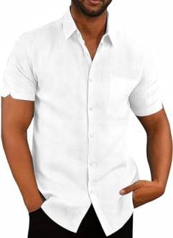 Friptspyg Herren Leinenhemd Kruzarm Hemd Button Down Regular Fit Freizeithemden für Herren Strandhemd Casual Sommerhemd mit Tasche, Weiß 2XL von Friptspyg