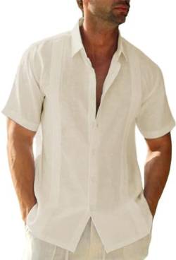 Friptspyg Herren Leinenhemd Kurzarm Hemd Button Down Regular Fit Freizeithemden für Herren Sommerhemd Casual Strandhemd Guayabera Kuba Camp Oberteile, Beige XL von Friptspyg