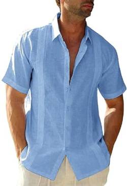 Friptspyg Herren Leinenhemd Kurzarm Hemd Button Down Regular Fit Freizeithemden für Herren Sommerhemd Casual Strandhemd Guayabera Kuba Camp Oberteile, Himmelblau 2XL von Friptspyg