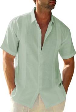 Friptspyg Herren Leinenhemd Kurzarm Hemd Button Down Regular Fit Freizeithemden für Herren Sommerhemd Casual Strandhemd Guayabera Kuba Camp Oberteile, Mintgrün XL von Friptspyg