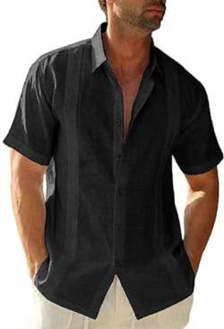 Friptspyg Herren Leinenhemd Kurzarm Hemd Button Down Regular Fit Freizeithemden für Herren Sommerhemd Casual Strandhemd Guayabera Kuba Camp Oberteile, Schwarz 2XL von Friptspyg