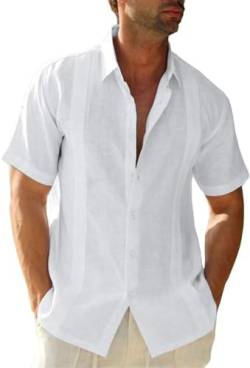 Friptspyg Herren Leinenhemd Kurzarm Hemd Button Down Regular Fit Freizeithemden für Herren Sommerhemd Casual Strandhemd Guayabera Kuba Camp Oberteile, Weiß 3XL von Friptspyg