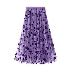 Damen Tüll Midi Röcke 3D Floral Pailletten Gradient elastisch hohe Taille A-Linie plissiert Tutu Rock lässig Geschichteten Mesh-Rock (Flocked Floral Purple, XL) von Frobukio