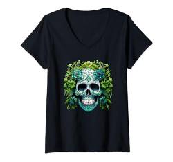 Damen Feiern Dia De Los Muertos - Grüne Blumen Zuckerschädel T-Shirt mit V-Ausschnitt von From Dyzamora