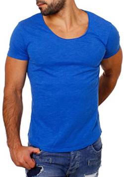 Früchtl Herren Uni T-Shirt mit tiefem Ausschnitt einfarbig Slimfit Basic Tee Vintage Look F-1022, Grösse:M;Farbe:Blau von Früchtl