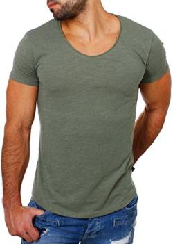 Früchtl Herren Uni T-Shirt mit tiefem Ausschnitt einfarbig Slimfit Basic Tee Vintage Look F-1022, Grösse:S;Farbe:Khaki von Früchtl