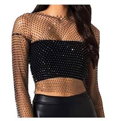 Fstrend Mesh Body Chains Strass Kristall durchsichtig Crop Tops Fischnetz Kleid Cover Up Schwarz EDM Festival Outfits für Frauen, A, Mittel von Fstrend