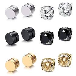 Fu You 6 Paar Ohrringe, Edelstahl, magnetisch, für Herren und Damen, Ohrringe, magnetisch, ohne Loch, falsche Ohrringe, Clip, kein Piercing, Diamant, Zirkonia, rund, Ohrstecker, Silber, Gold, Schwarz, von Fu You