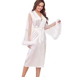 Damen Satin Federn Trim Mesh Langarm Robe Nachthemd Elegante Hochzeit Braut Bademantel Morgenmantel Nachtwäsche mit Gürtel Nachtwäsche für Frauen Nachthemd Langarm von FuBESk