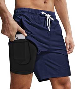 Fuakesor Badehose Herren mit Kompression Liner 2 in 1Atmungsaktiv Schwimmhose Badeshorts Männer Elastisch Trainingsshorts Verstellbar Tunnelzug mit Tasche(Navy,Groß) von Fuakesor