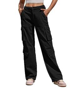 Fuakesor Cargohose Damen Baggy Y2K Multi Taschen High Waist Stretch Wanderhose Sport Jogginghose mit Elastischen Knöcheln(Schwarz,XL) von Fuakesor