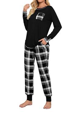 Fuakesor Damen Schlafanzug Lang Pyjama Set Herbst Winter Nachtwäsche Zweiteiliger Sleepwear Soft Loungewear Hausanzug mit Karierte Hose (Schwarz_03，X-Large) von Fuakesor