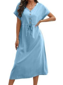Sommerkleid Damen Leinen Kleider V-Ausschnitt Kordelzug Strandkleid Kurzarm A Linie Freizeitkleid mit Taschen(Blau,M) von Fuakesor