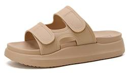 Fudaolee Badeschuhe Damen Hausschuhe Sommer Badelatschen Dicke Sohle Schlappen Klettverschluss Rutschfest Badelatschen Lässig Slides Weich Strand Sandalen Pantoletten Khaki EU 40 = Etikett 40 von Fudaolee