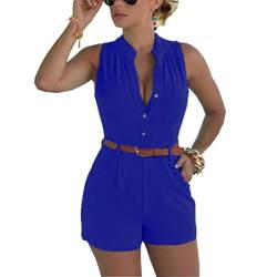 Fudaolee Jumpsuits Damen Sommer Kurz Playsuit V-Ausschnitt Bequem Strand Spielanzug Elegant Einteiler Overalls Hose Elastische Taille M, Dunkelblau von Fudaolee